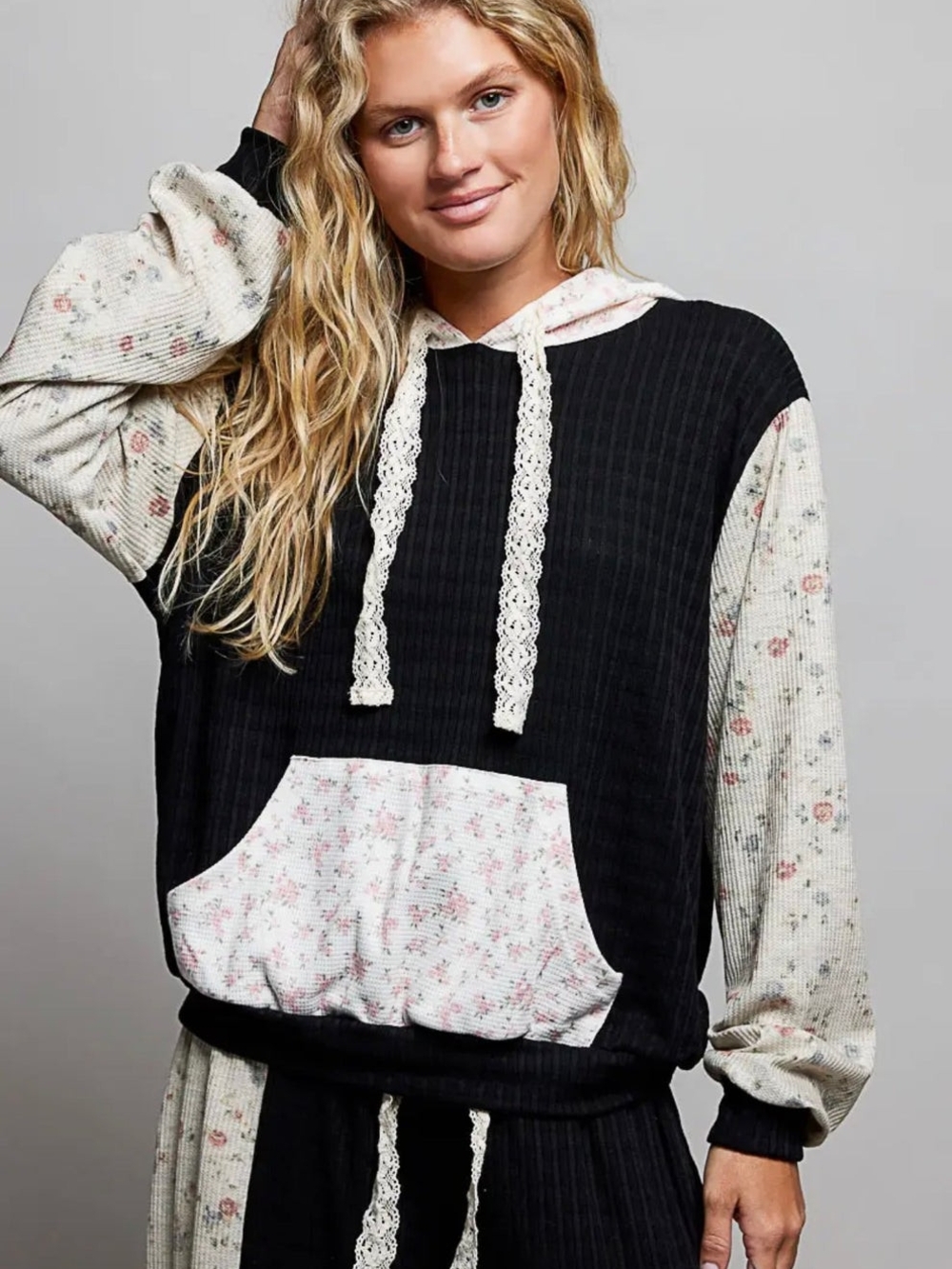 Pol Boho Floral Patchwork Hoodie Black